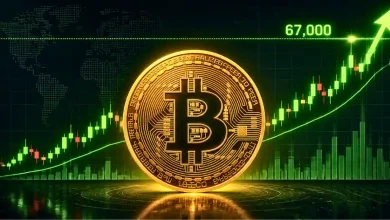 Golden Bitcoin coin in front of a green rising price chart pointing to 67,000.