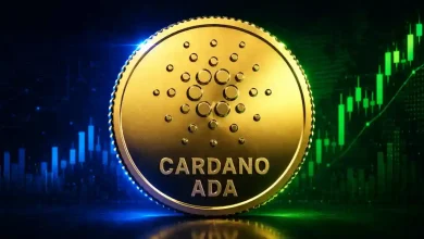 Golden Cardano ADA coin in front of rising blue and green price charts.