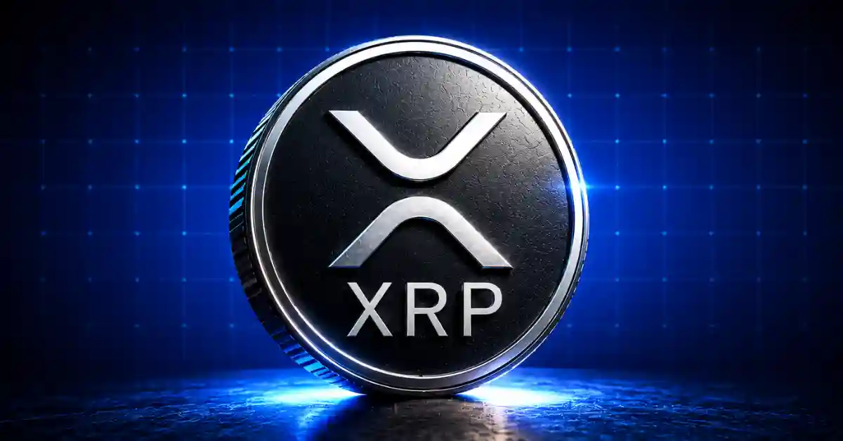 Silver XRP coin glowing on a blue tech background.