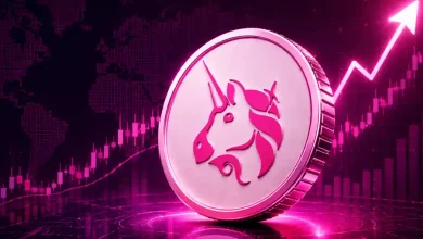 Pink Uniswap coin with a rising upward arrow and price chart.