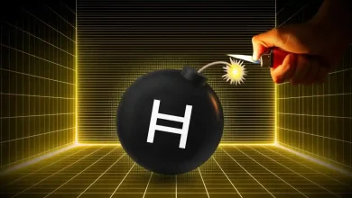 Hand lighting a bomb fuse bearing the Hedera HBAR logo.