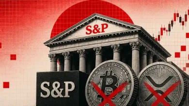 S&P building with Bitcoin and XRP tokens crossed out by red X marks.