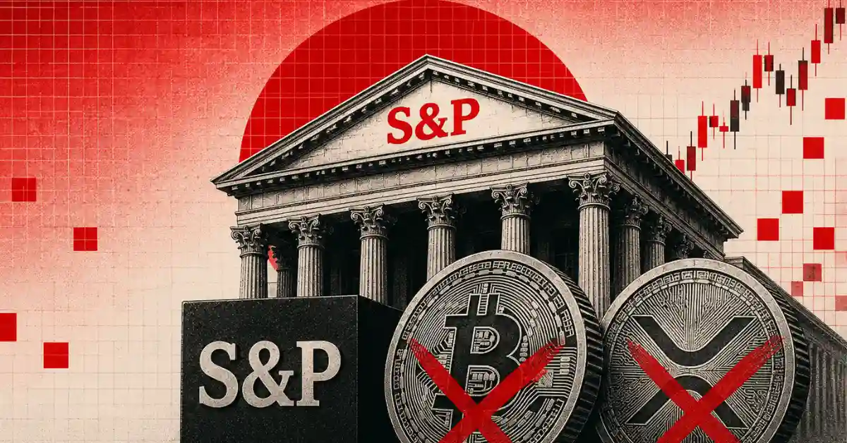 S&P building with Bitcoin and XRP tokens crossed out by red X marks.