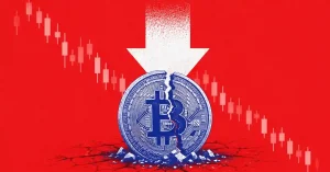 Cracked Bitcoin coin crushed under a large downward arrow and falling chart.