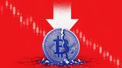 Cracked Bitcoin coin crushed under a large downward arrow and falling chart.