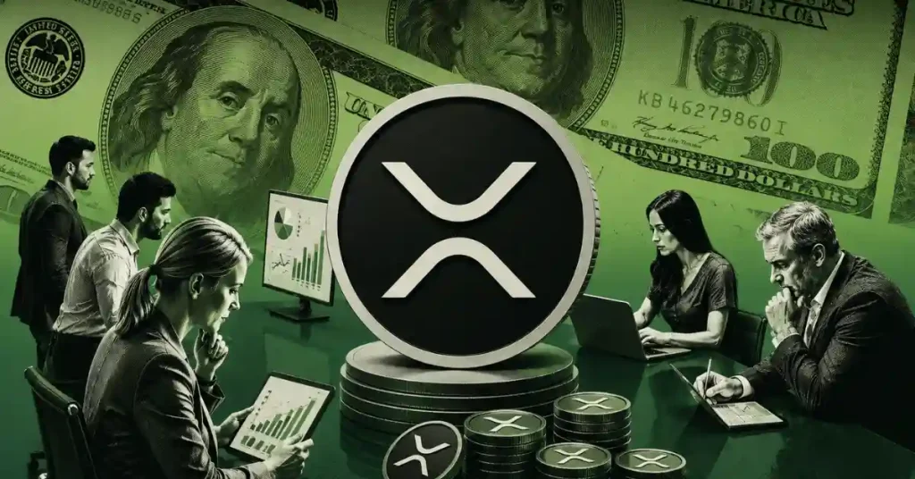 Large XRP coin surrounded by business professionals analyzing charts and dollar bills.