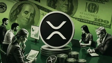Large XRP coin surrounded by business professionals analyzing charts and dollar bills.