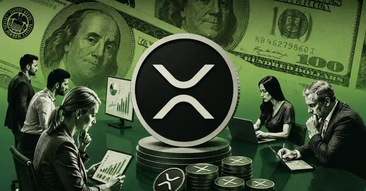 Large XRP coin surrounded by business professionals analyzing charts and dollar bills.