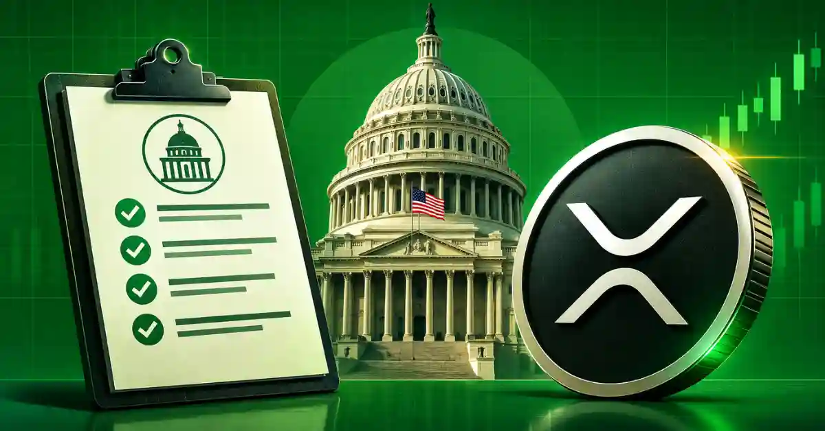XRP coin next to a government checklist and the US Capitol building.