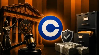 Coinbase logo next to a court building, cash stacks, and filing cabinet.