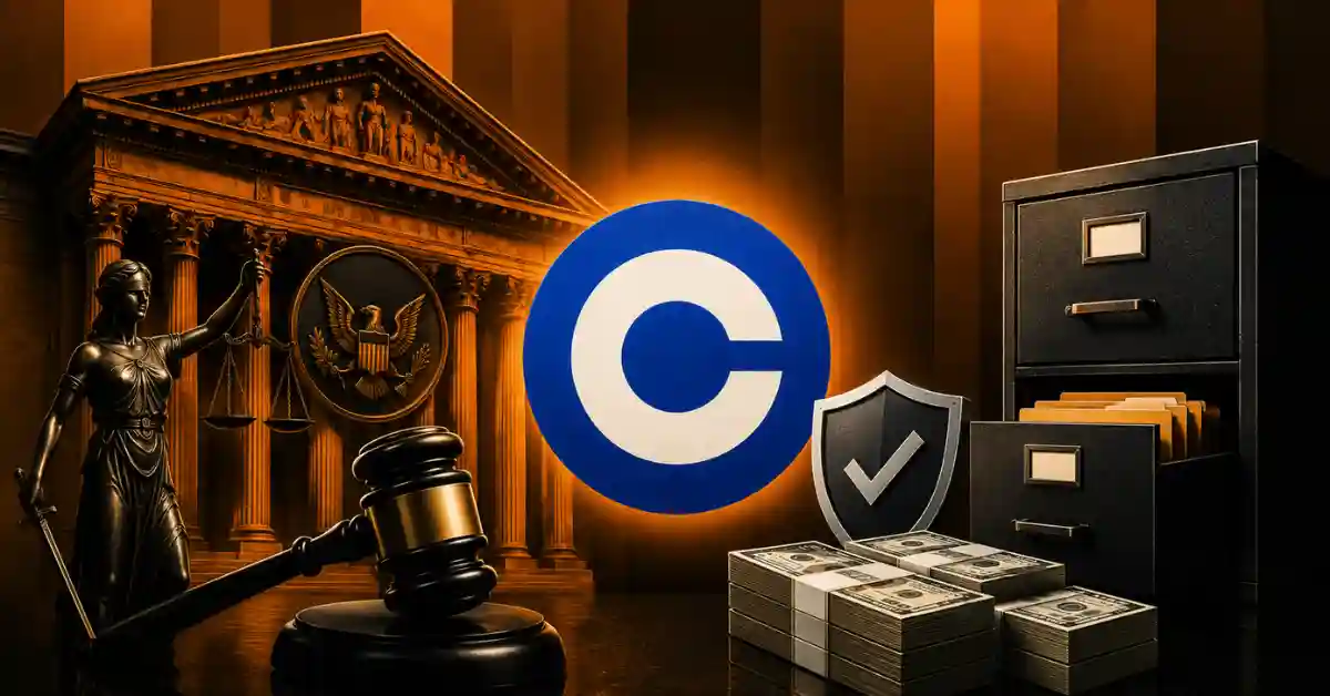Coinbase logo next to a court building, cash stacks, and filing cabinet.
