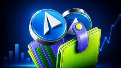 Telegram coins emerging from a colorful crypto wallet against a rising chart.
