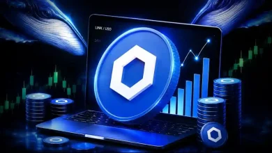 Blue Chainlink coin on a laptop displaying rising price charts and whale graphics.