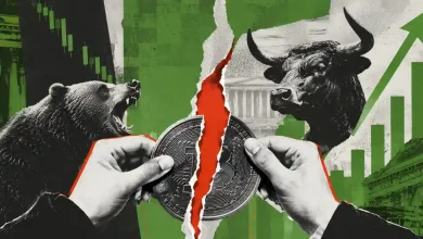 Hands tearing a crypto coin between a roaring bear and a rising bull.