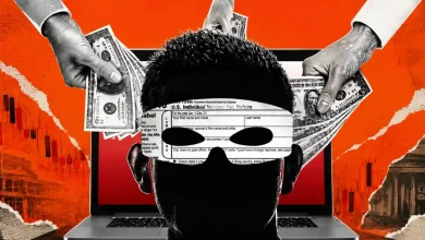 Masked silhouette in front of a laptop surrounded by hands holding cash.