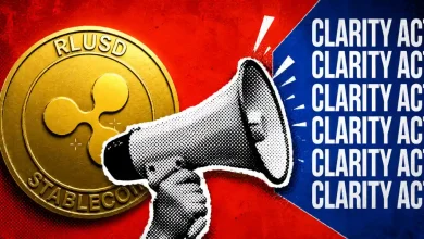 Megaphone projecting Clarity Act next to a gold RLUSD Ripple stablecoin.