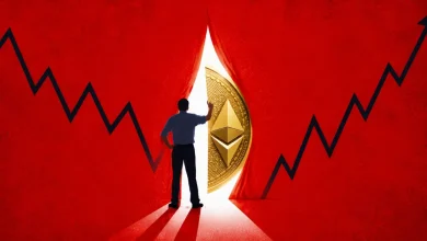 Silhouette pulling open curtains to reveal a glowing Ethereum coin amid market charts.