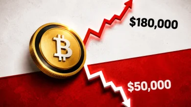 Bitcoin coin split between an upward $180,000 arrow and downward $50,000 arrow.