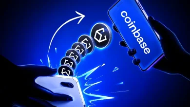 Ethena ENA tokens transferring between smartphones with a Coinbase app screen.