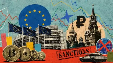 EU flag and crypto coins opposite Kremlin buildings with a sanctions stamp
