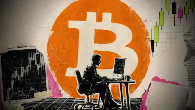 Trader at computer analyzing price charts in front of a Bitcoin symbol.