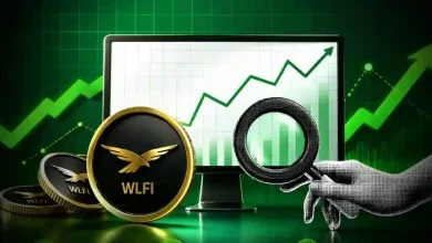 WLFI crypto coins with a magnifying glass held over a green growth chart.