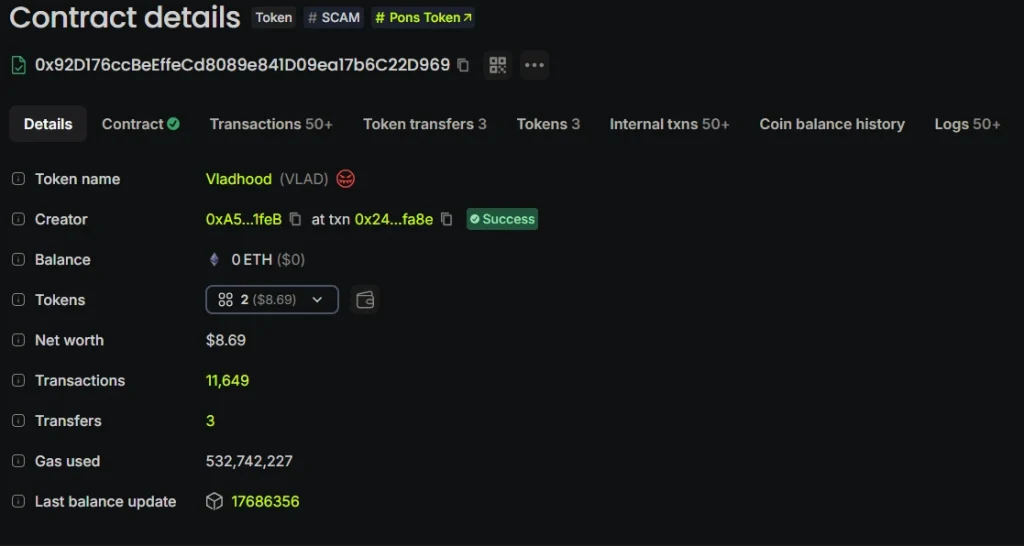 Malicious VLAD memecoin smart contract on Robinhood chain