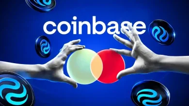 Hands connecting glowing spheres surrounded by Injective coins and Coinbase logo.