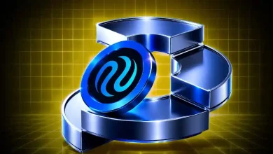 Blue Injective INJ coin resting on a metallic 3D platform against a yellow grid.