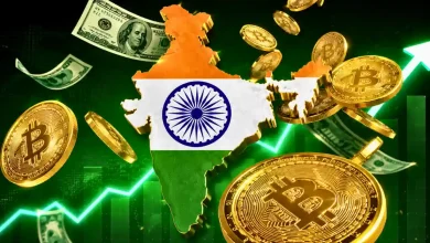 Map of India flag surrounded by floating Bitcoin coins and money.