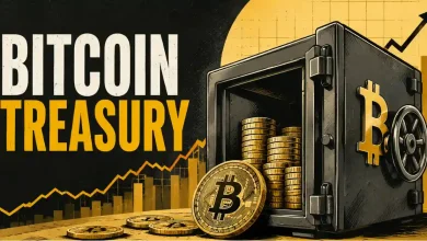 Open safe full of Bitcoin coins with Bitcoin Treasury text.