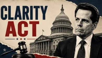Anthony Scaramucci beside US Capitol building with CLARITY Act text.