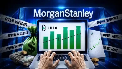 Laptop showing Hut 8 stock growth with Morgan Stanley branding and Overweight banners.