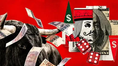 A charging bull surrounded by cash, playing cards, and red dice on a red background.