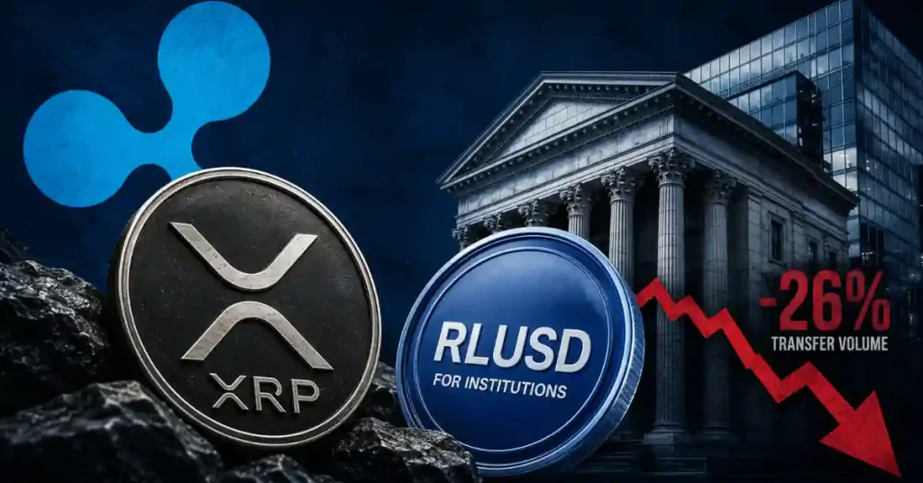 XRP and RLUSD coins with a red arrow showing a 26% volume drop.