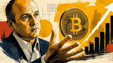 Illustration of Jim Ferraioli gesturing toward a Bitcoin coin and rising growth chart.
