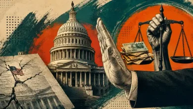 Hand gesture stopping action in front of US Capitol and justice scales.