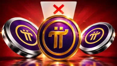 Three purple and gold Pi Network crypto coins against a red background.