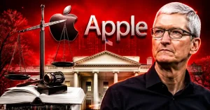 Tim Cook beside scales of justice, law books, and the White House.