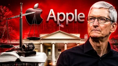 Tim Cook beside scales of justice, law books, and the White House.
