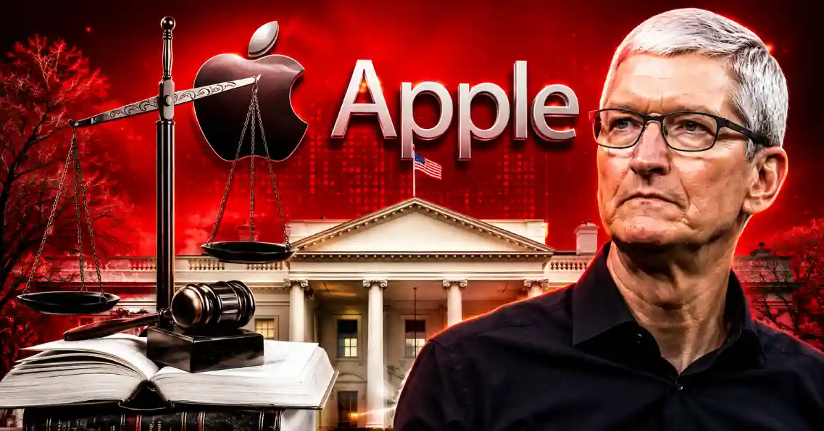 Tim Cook beside scales of justice, law books, and the White House.