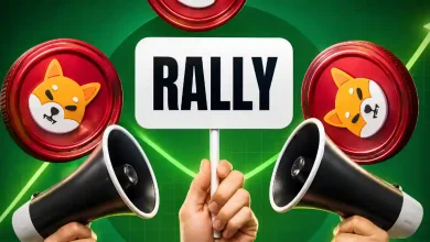 Hand holding a Rally sign between Shiba Inu coins and megaphones on a green chart background.
