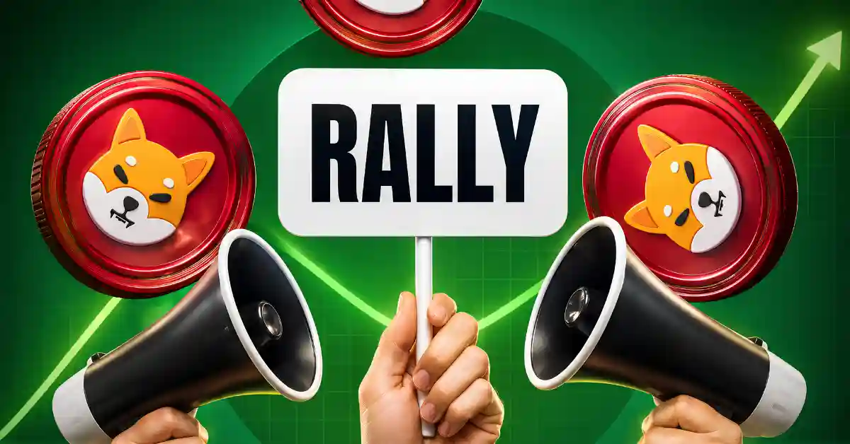 Hand holding a Rally sign between Shiba Inu coins and megaphones on a green chart background.