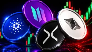 Cardano, Solana, XRP, and Ethereum coins against a glowing trading chart.