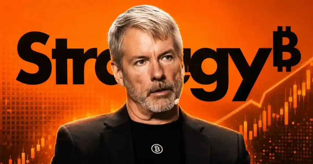 Michael Saylor in front of a Strategy text overlay and orange Bitcoin chart.