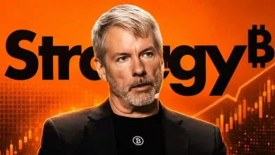 Michael Saylor in front of a Strategy text overlay and orange Bitcoin chart.