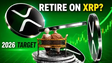 An elderly couple sitting on a bench atop stacked XRP coins with green growth charts.
