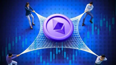 Four figures stretching a net beneath a large Ethereum coin over a blue price chart.