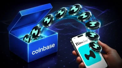 Crypto tokens flowing from a Coinbase box into a smartphone displaying Bitwise.