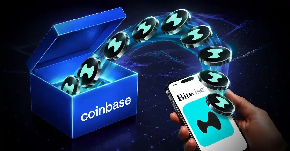 Crypto tokens flowing from a Coinbase box into a smartphone displaying Bitwise.